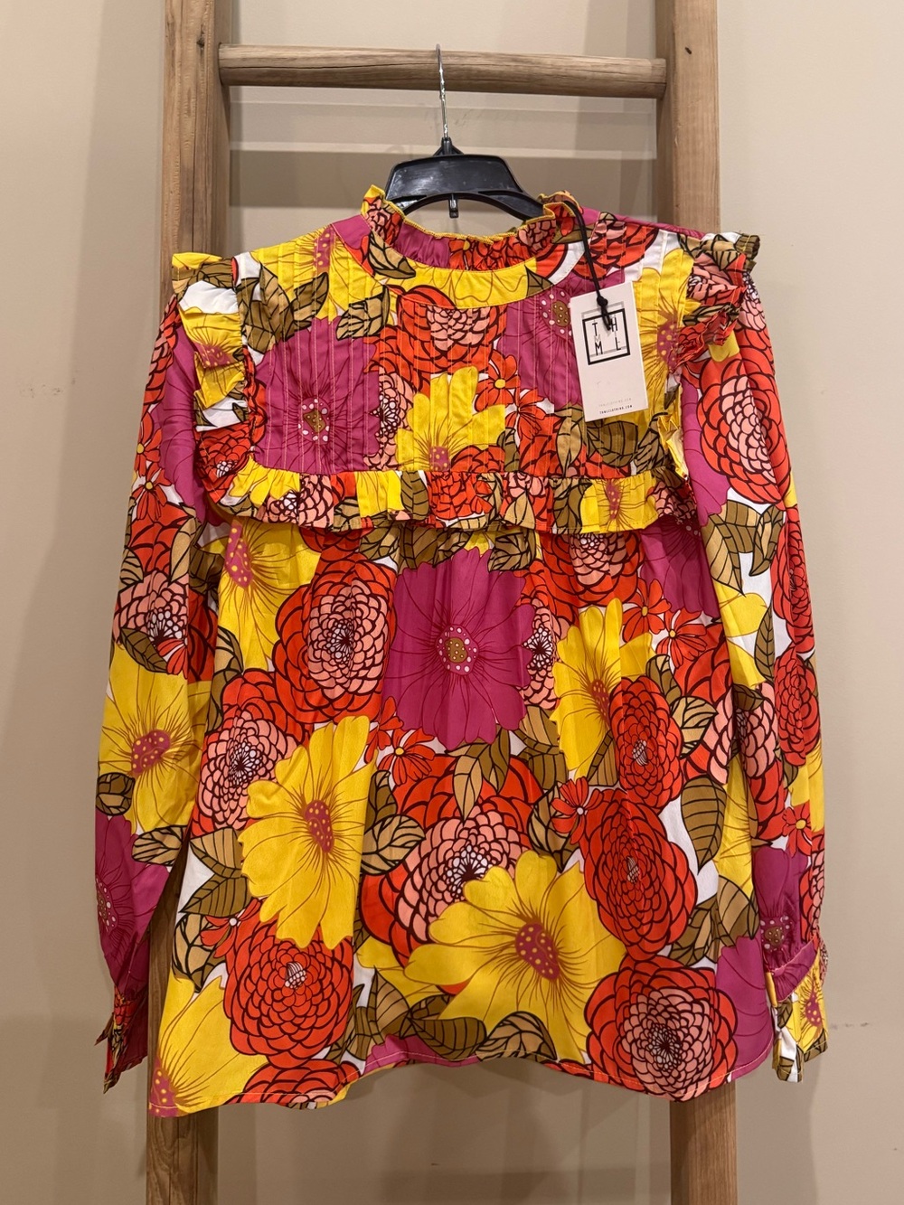 THML womens Floral Ruffle Long-Sleeve Top in Pink, Yellow & Red
